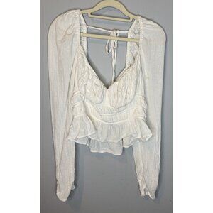 Free People Chloe Smocked Tie Neck Blouse Large White Long Sleeve